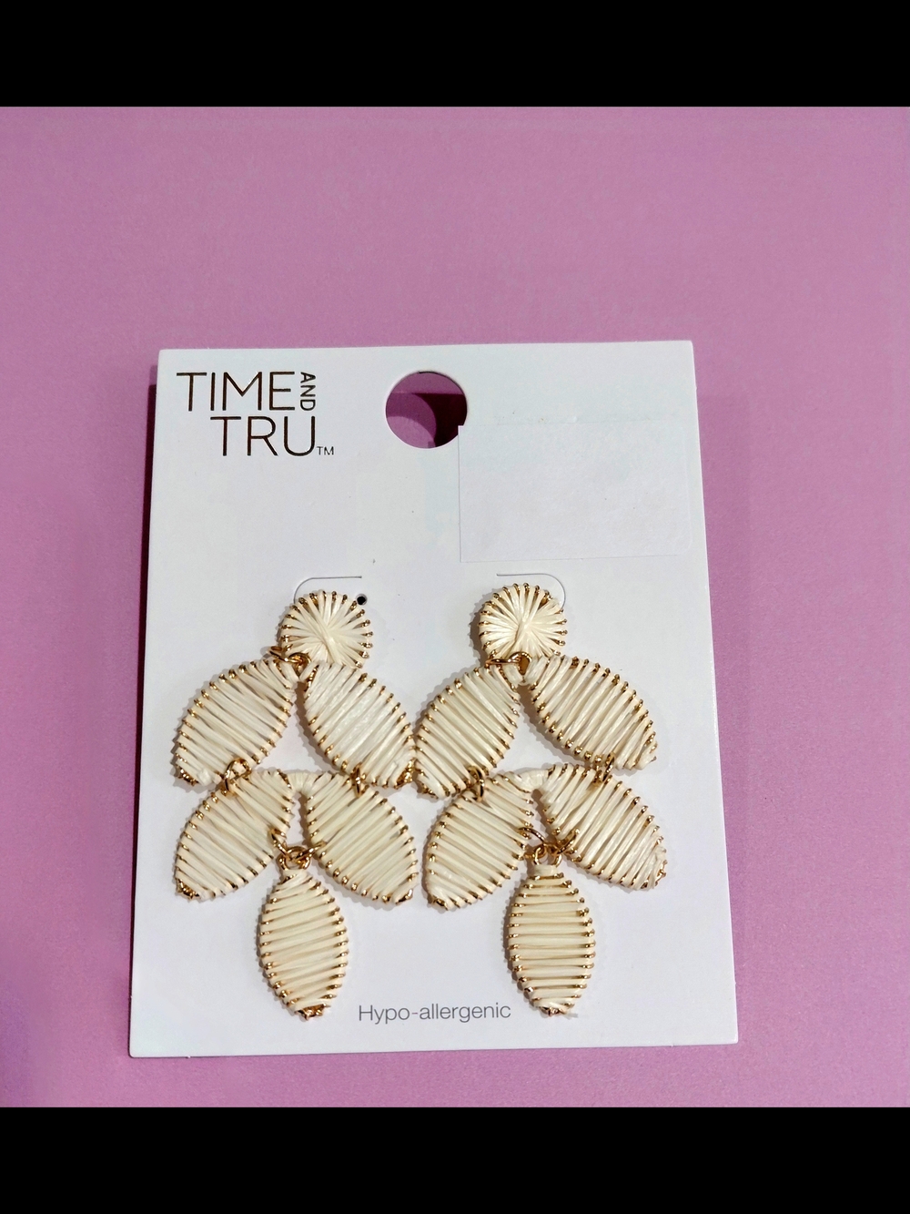 NWT Time and Tru Cream Raffia Woven Gold Statement Drop Earrings